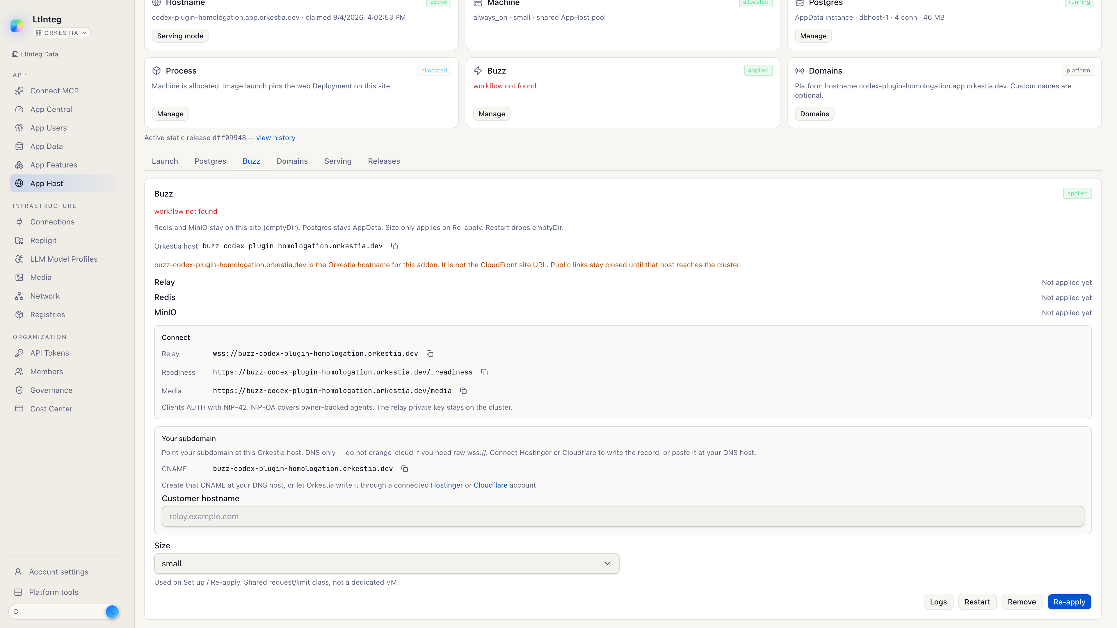 Connect and CNAME: copy the relay URL, point your subdomain at the Orkestia Buzz host, optionally enter a customer hostname, then Re-apply.