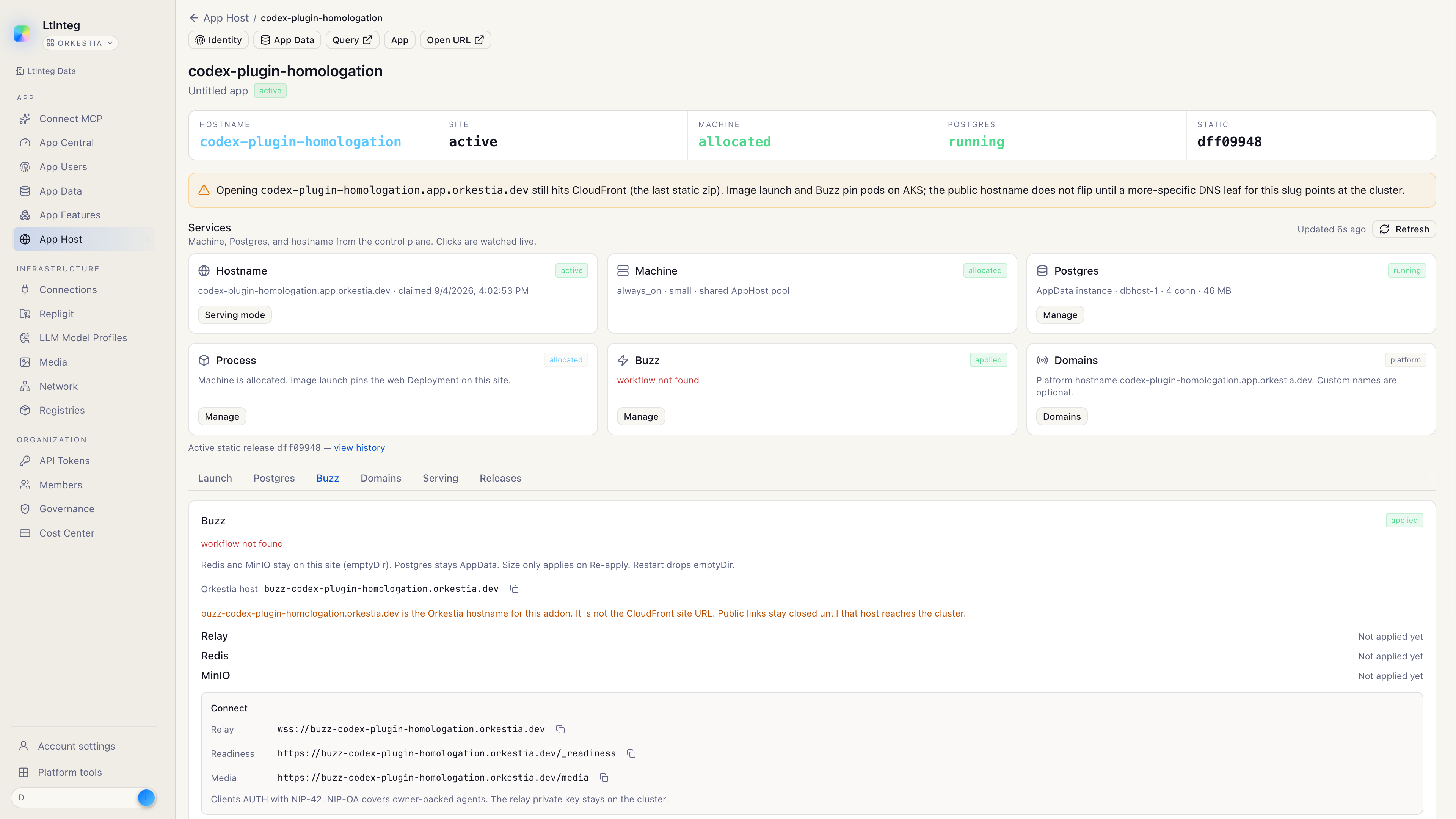 Buzz tab: Orkestia host, Relay / Redis / MinIO, the Connect recipe (wss, readiness, media), and your subdomain CNAME.