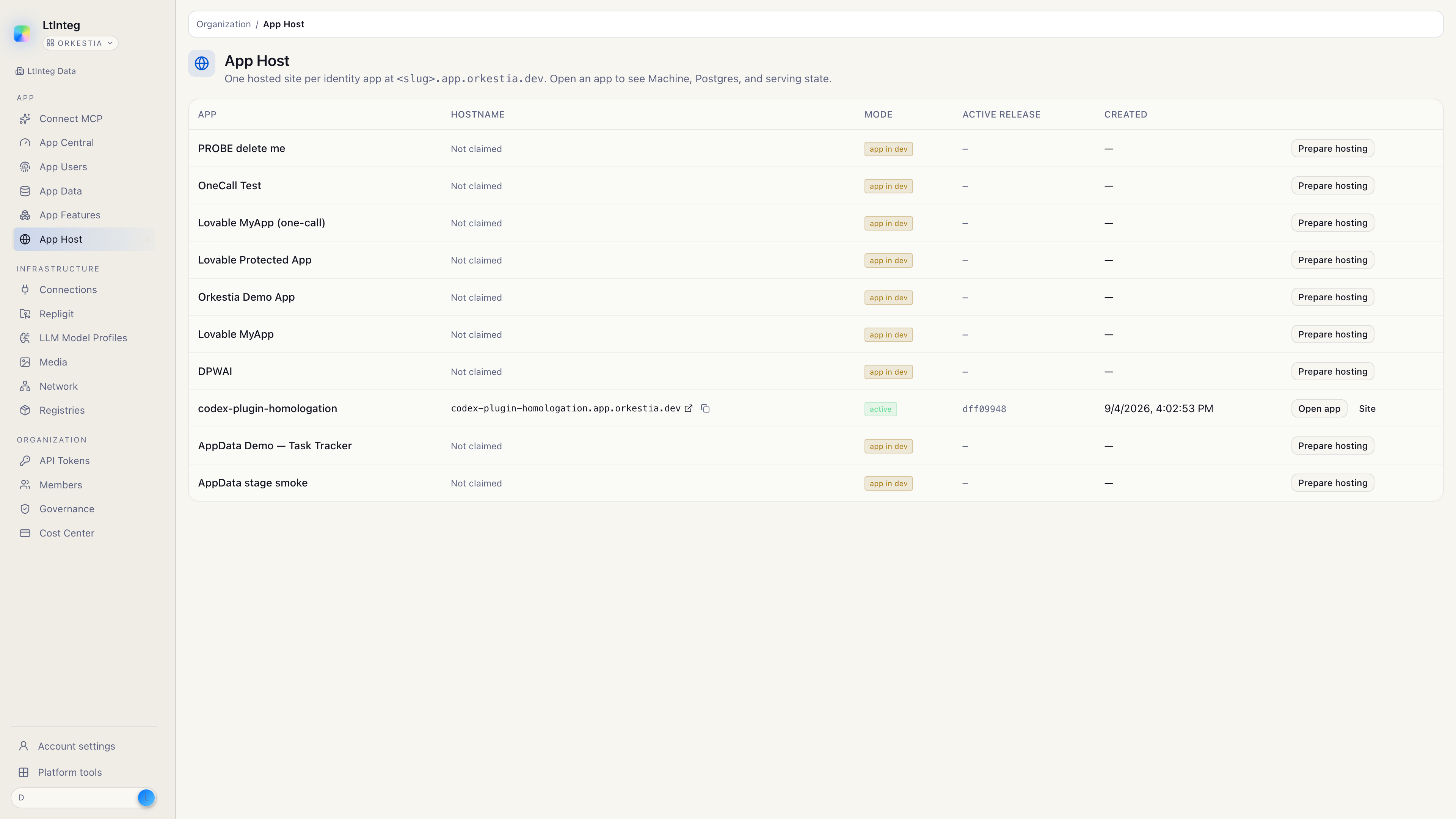 App Host lists each Identity app. Claimed sites show the website hostname; the rest say Not claimed.
