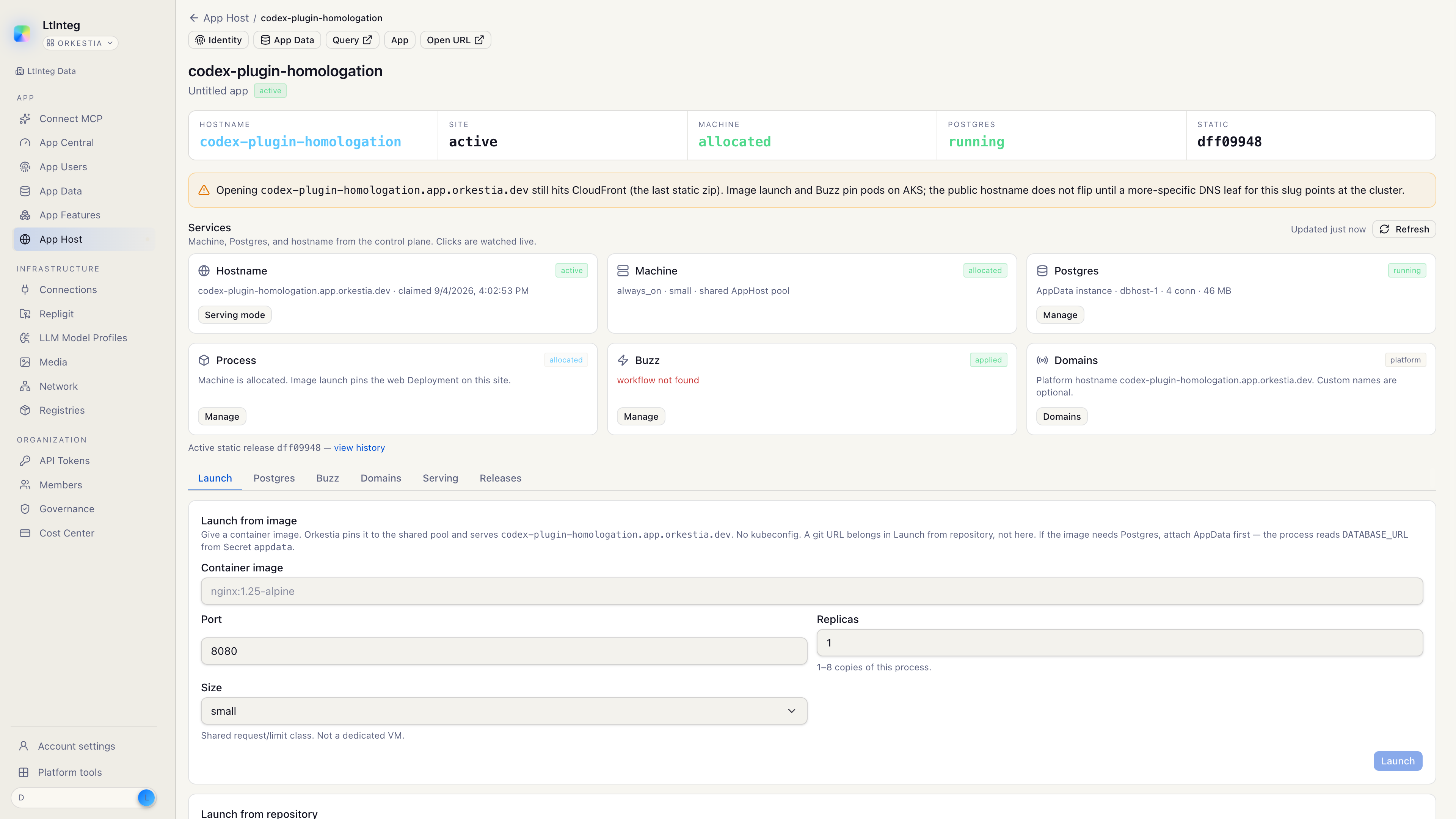 A claimed site shows Hostname, Machine, Postgres, Process, Buzz, and Domains as tiles, then the Launch / Postgres / Buzz tabs.
